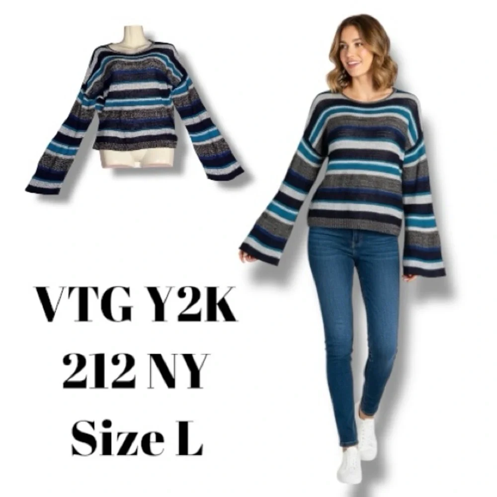 Alley & Gabby 212NY Y2K Vintage Sweater Blue Striped Cropped Bell Sleeves Size L